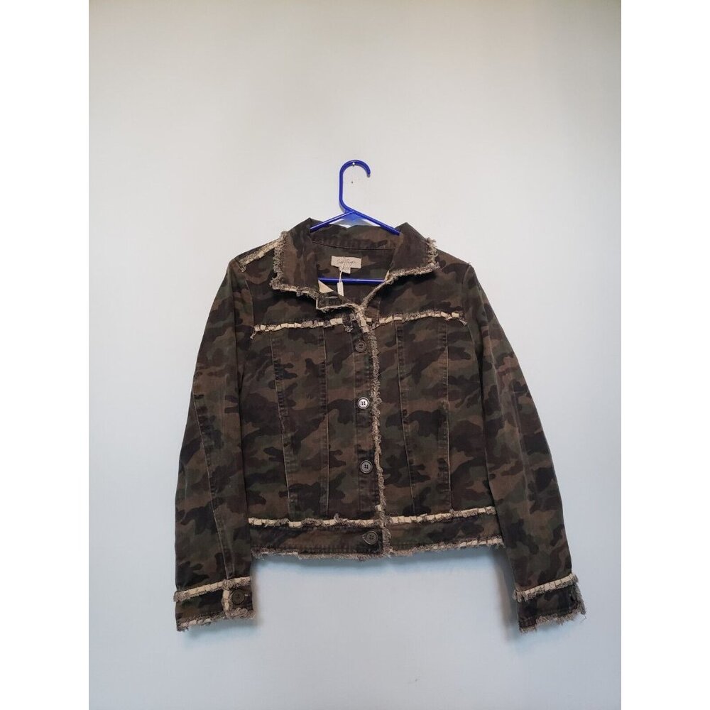 Charlie Page Women's M Trucker Jacket Camo Moto Fray Fringe Hem 100% Cotton NWOT